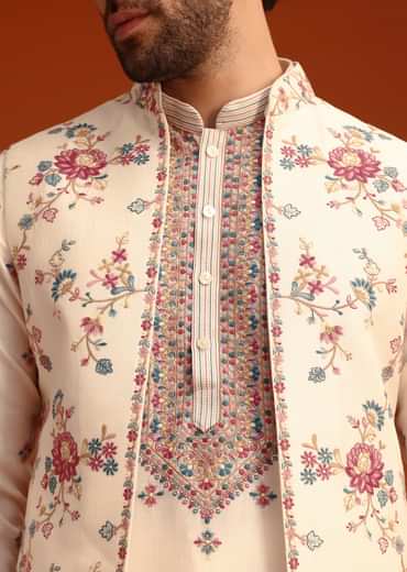 Off White Silk Resham Work Kurta Jacket Set