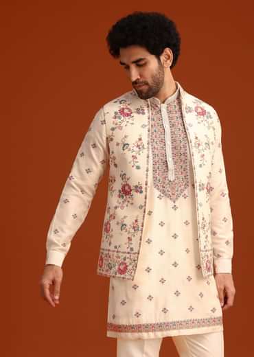 Off White Silk Resham Work Kurta Jacket Set