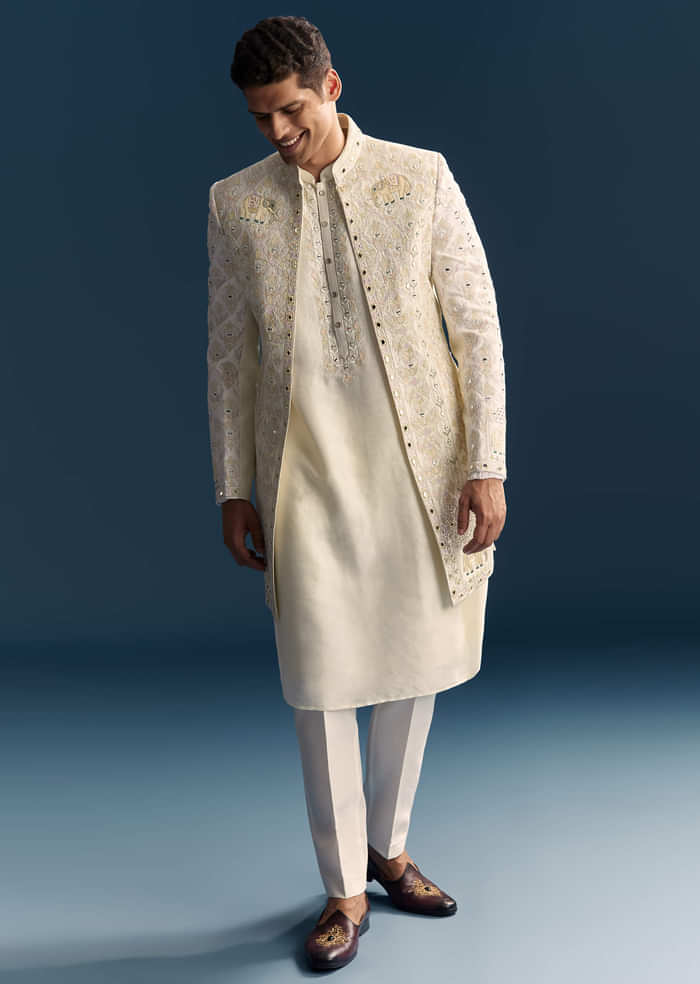 Off White Silk Sherwani For Men With Resham And Mirror Work