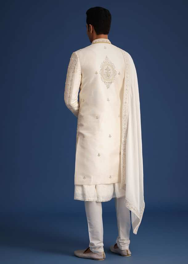 Off White Silk Sherwani Set With Dupatta