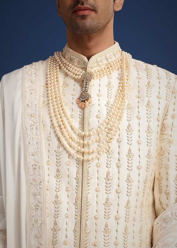 Off White Silk Sherwani Set With Dupatta