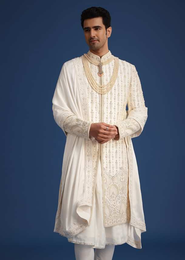 Off White Silk Sherwani Set With Dupatta