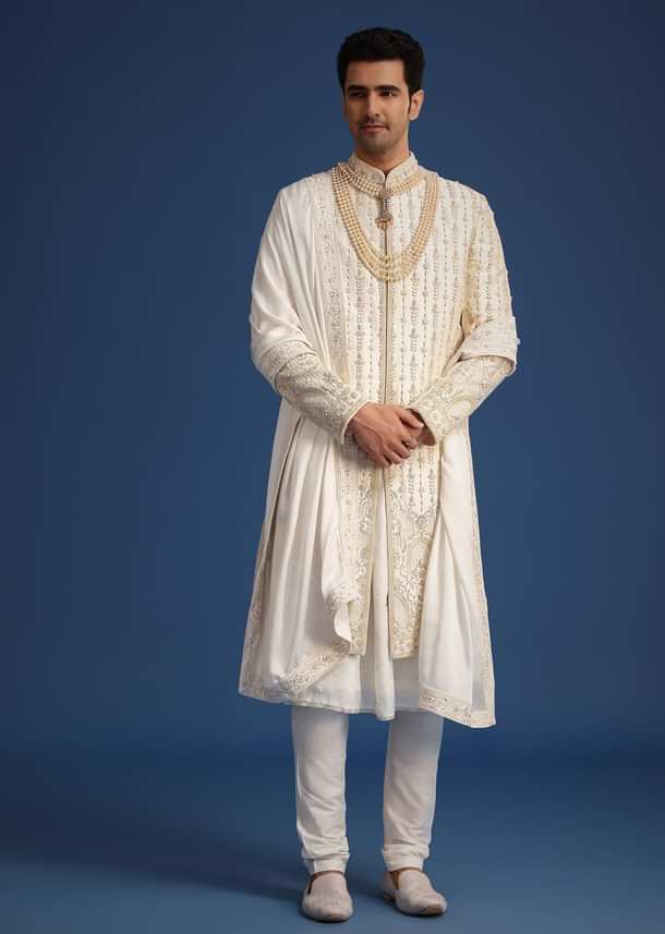 Off White Silk Sherwani Set With Dupatta