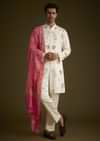 Off White Silk Thread Embroidered Kurta Set With Bandhani Dupatta