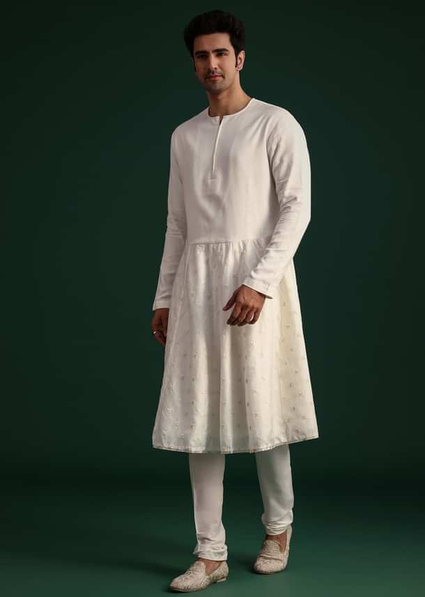 Off White Silk Threadwork Sherwani Suit With Dupatta And Mala