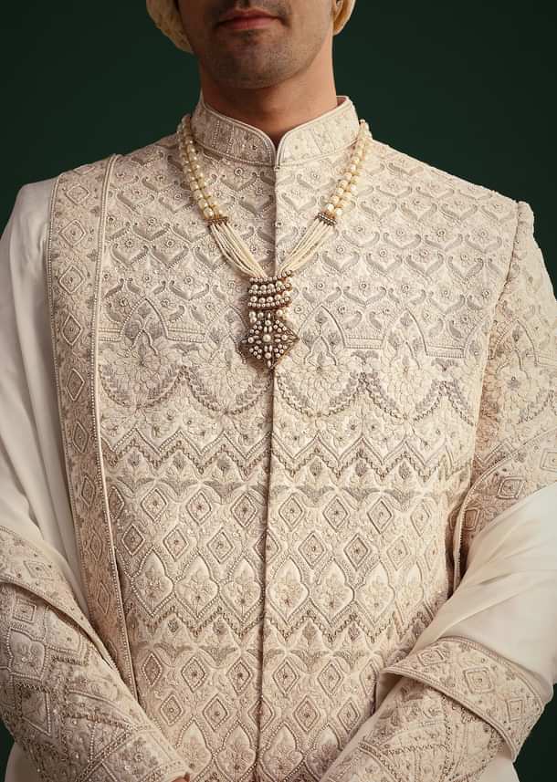 Off White Silk Threadwork Sherwani Suit With Dupatta And Mala