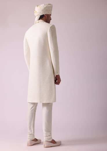 Off White Thread Embroidered Sherwani Set In Georgette