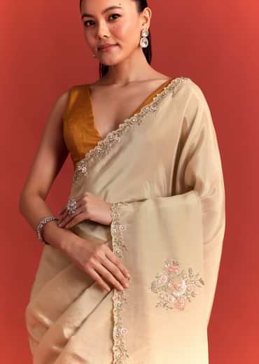 Off White Tissue Saree With Cutdana And Stone Work