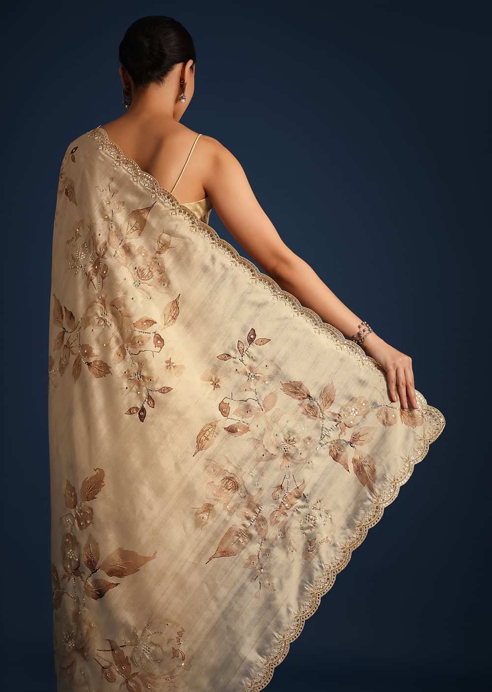 Off White Tussar Silk Floral Print Saree with Mirror Work