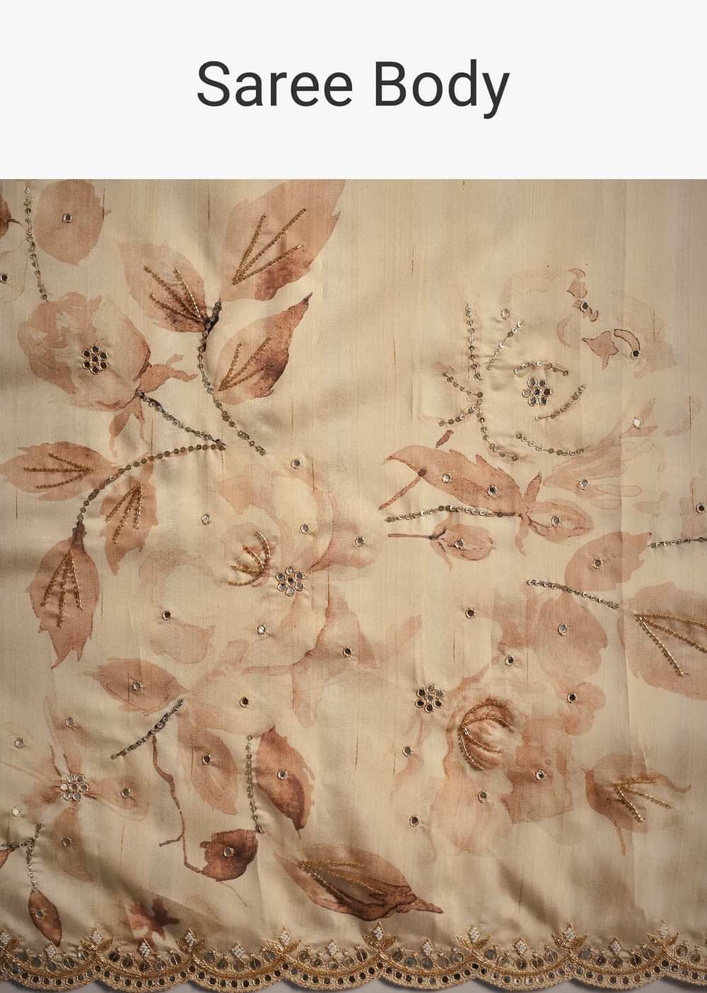 Off White Tussar Silk Floral Print Saree with Mirror Work