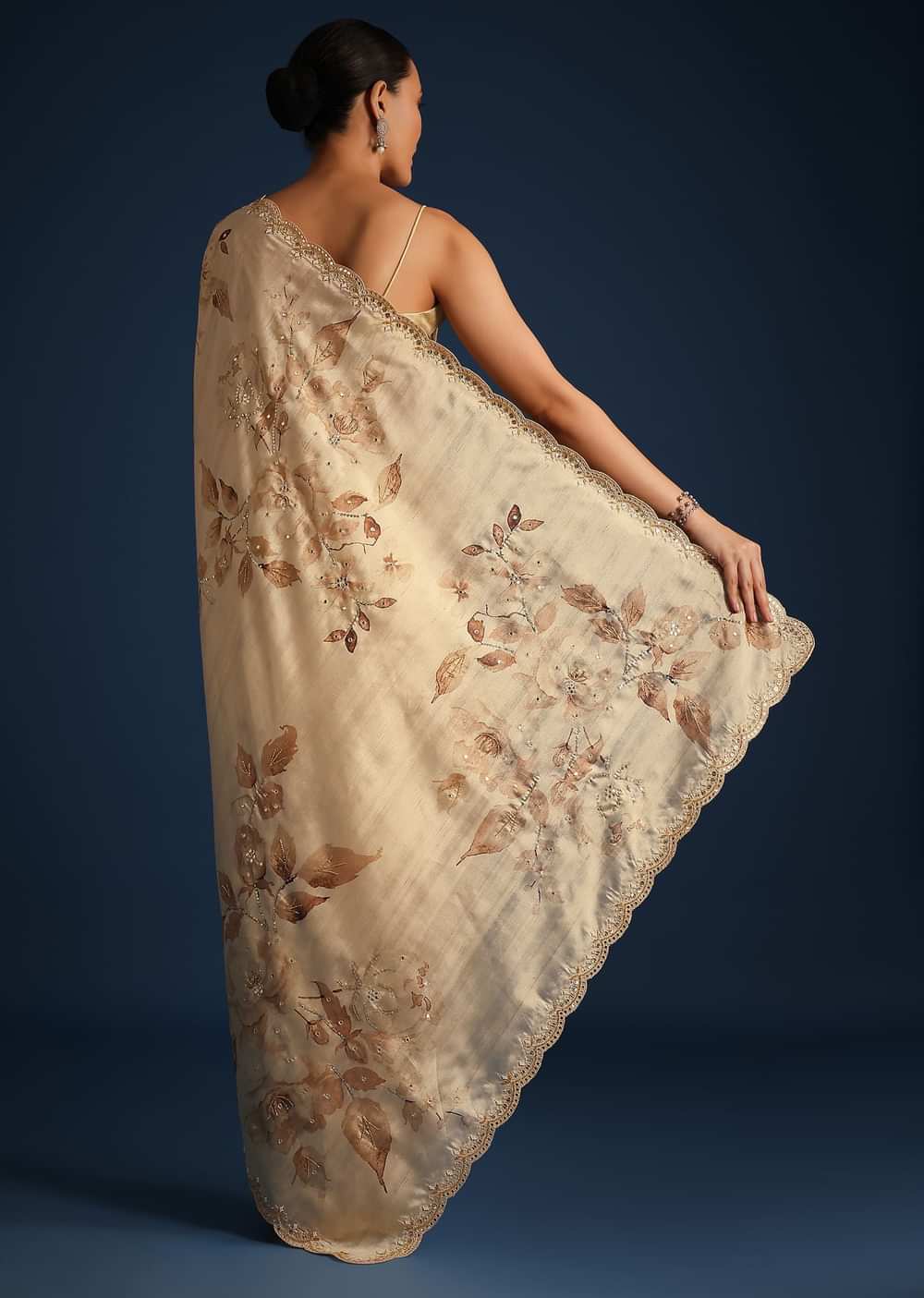 Off White Tussar Silk Floral Print Saree with Mirror Work