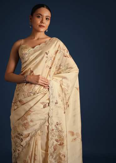 Off White Tussar Silk Floral Print Saree with Mirror Work