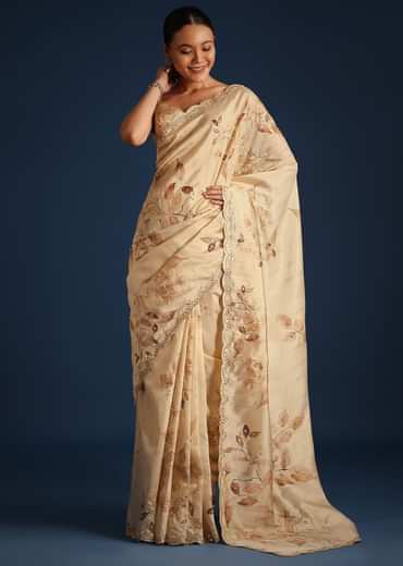 Off White Tussar Silk Floral Print Saree with Mirror Work