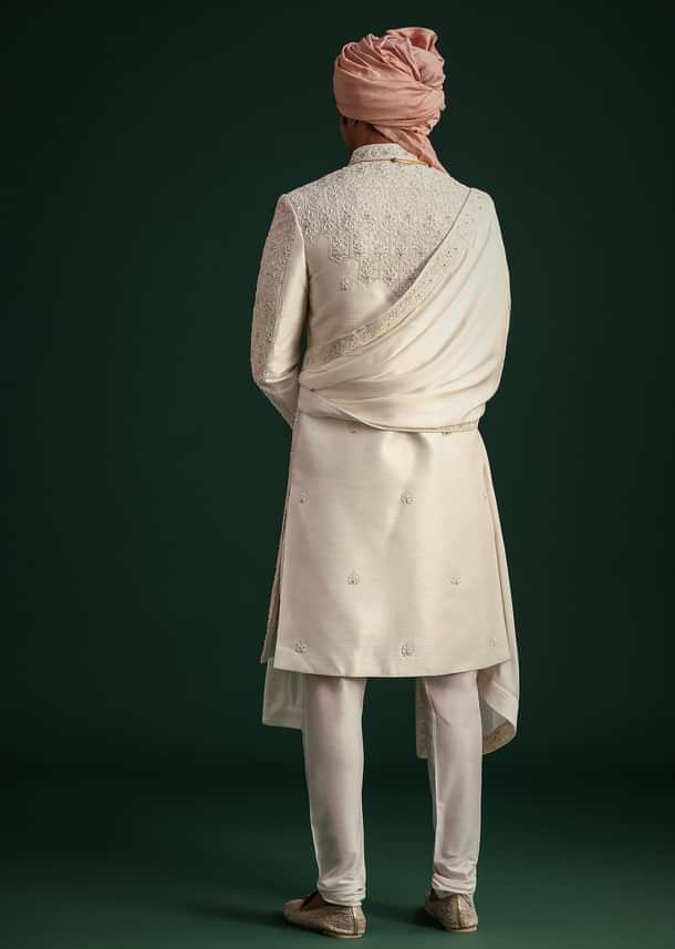 Off White Zari Embroidered Sherwani Set With Mala And Dupatta