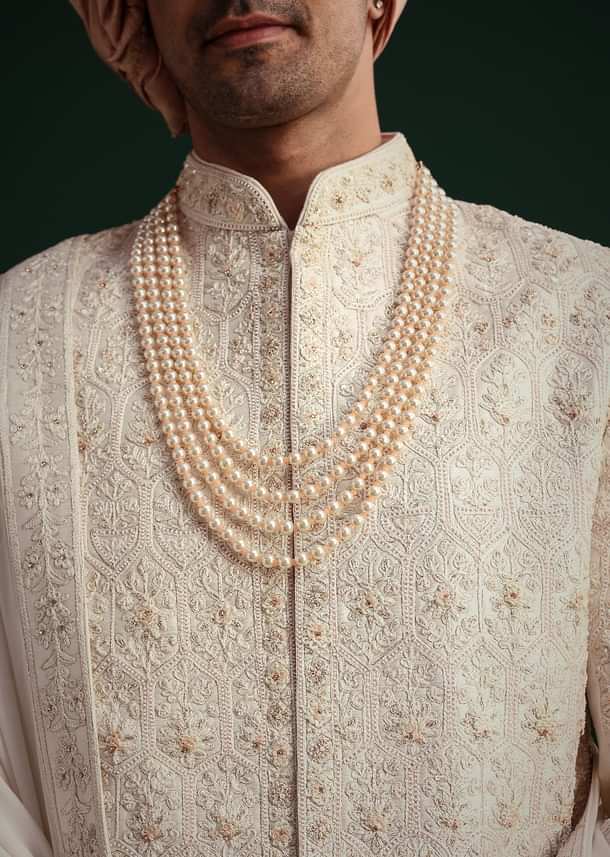 Off White Zari Embroidered Sherwani Set With Mala And Dupatta