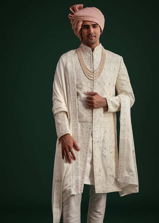 Off White Zari Embroidered Sherwani Set With Mala And Dupatta