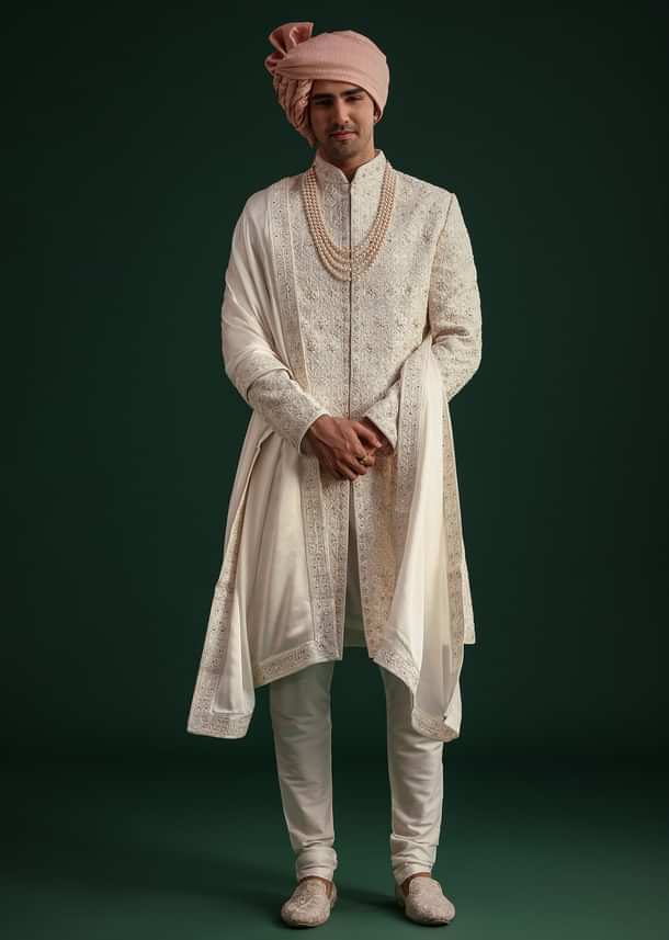 Off White Zari Embroidered Sherwani Set With Mala And Dupatta