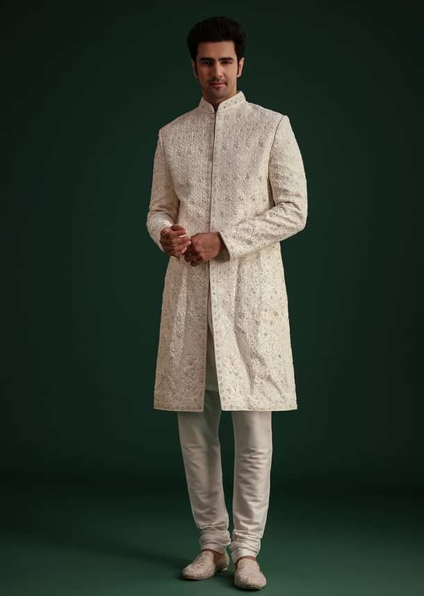 Off White Zari Embroidered Sherwani Set With Mala And Dupatta