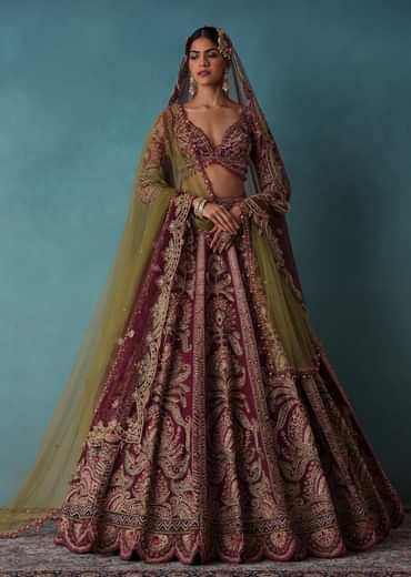 Oldrose Red Embroidered Bridal Lehenga And Blouse Set With Aari Work
