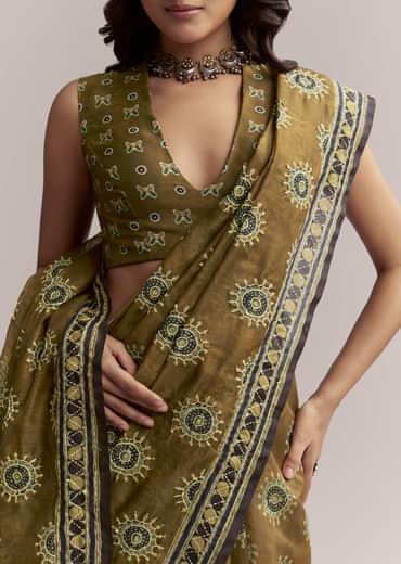 Olive Brown Linen Printed Saree With Handcrafted Ajrakh Print