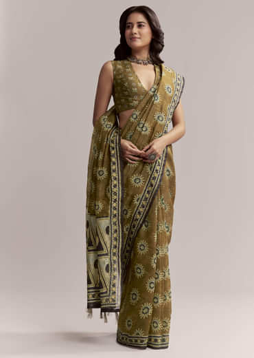 Olive Brown Linen Printed Saree With Handcrafted Ajrakh Print