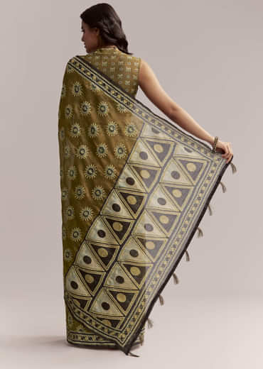 Olive Brown Linen Printed Saree With Handcrafted Ajrakh Print
