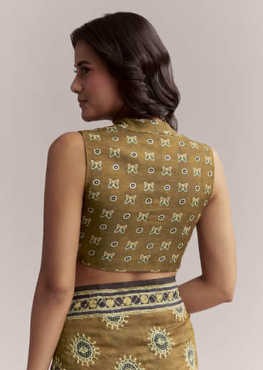 Olive Brown Linen Printed Saree With Handcrafted Ajrakh Print