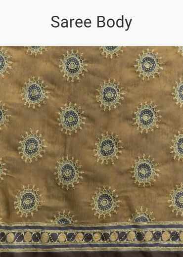 Olive Brown Linen Printed Saree With Handcrafted Ajrakh Print