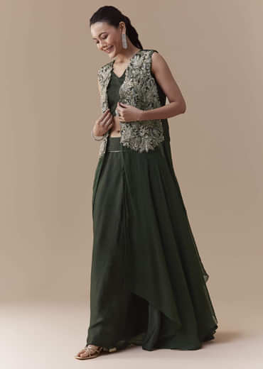 Olive Crop Top Silk Skirt Set with Sequin Jacket