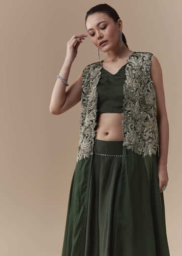 Olive Crop Top Silk Skirt Set with Sequin Jacket