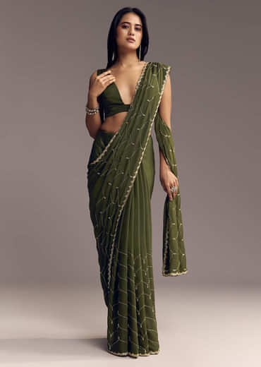 Olive Green Embroidered Chinon Saree With Scallop Border