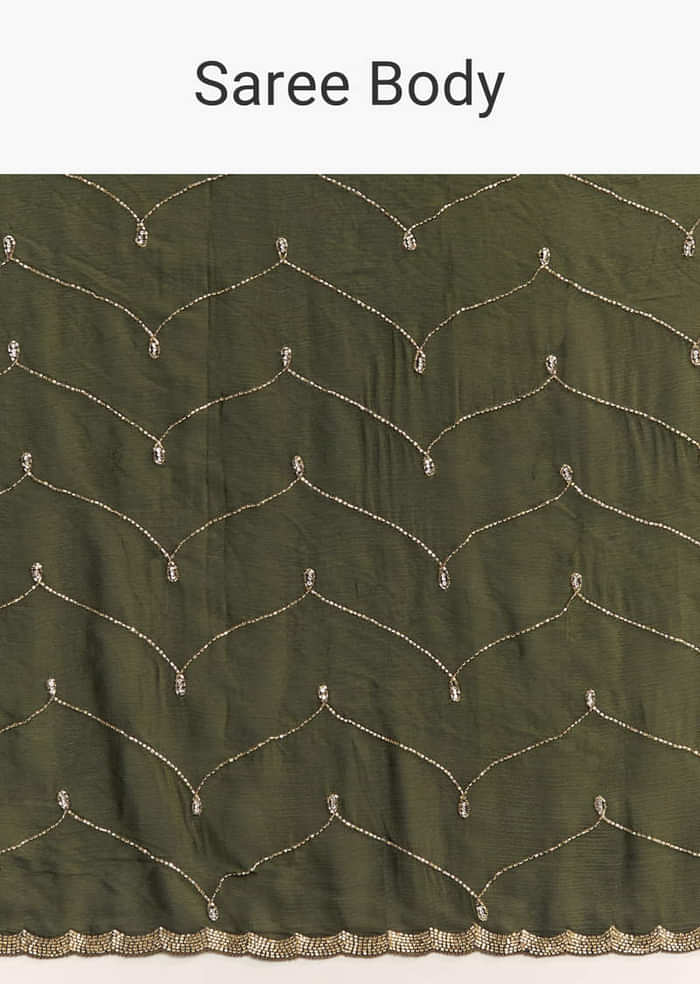Olive Green Embroidered Chinon Saree With Scallop Border