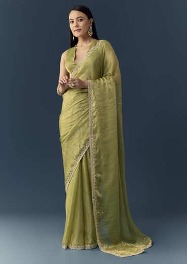 Olive Green Jacquard Printed Tissue Saree with Unstitched Blouse