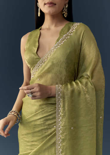 Olive Green Jacquard Printed Tissue Saree with Unstitched Blouse