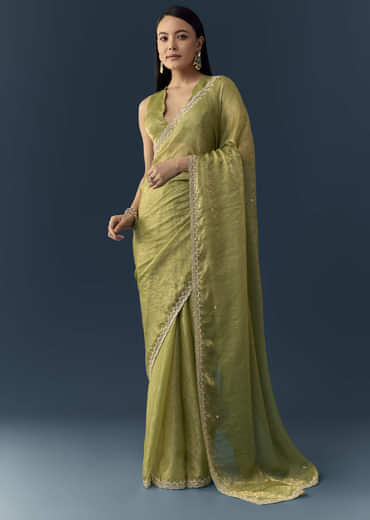 Olive Green Jacquard Printed Tissue Saree with Unstitched Blouse