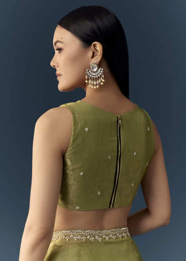 Olive Green Jacquard Printed Tissue Saree with Unstitched Blouse