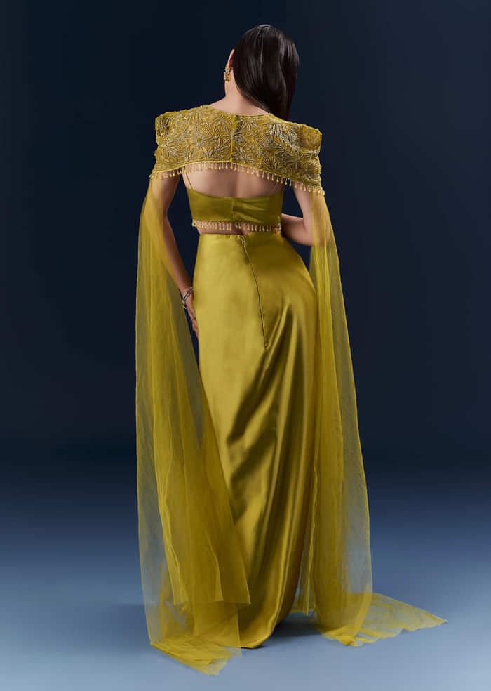 Olive Green Satin Crop Top And Drape Skirt Set With Embroidery