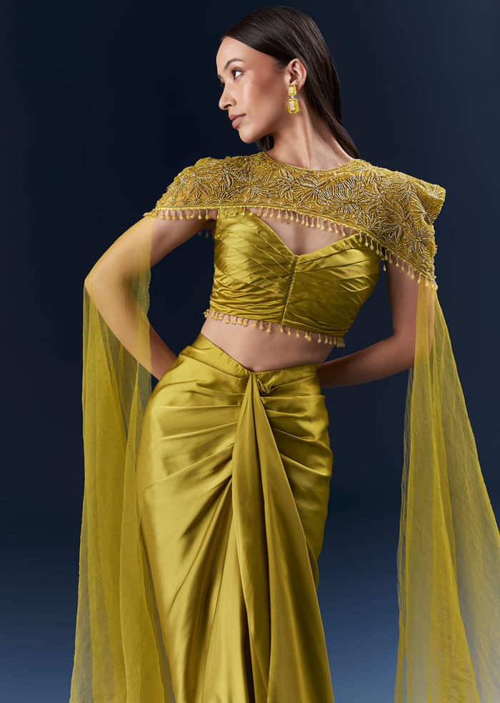 Olive Green Satin Crop Top And Drape Skirt Set With Embroidery