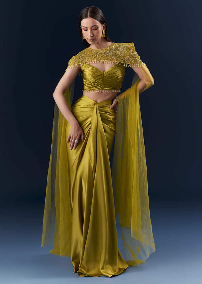Olive Green Satin Crop Top And Drape Skirt Set With Embroidery