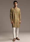 Olive Green Silk Designer Kurta For Men With Vintage Floral Motif Print