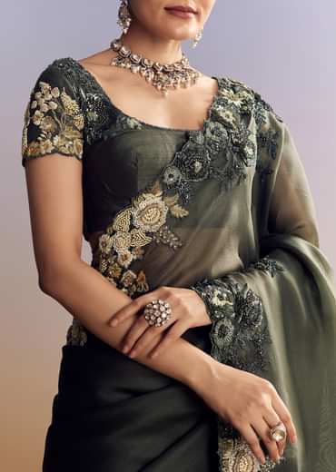 Olive Green Tissue Saree With Cutwork Border And Heavy Embroidery