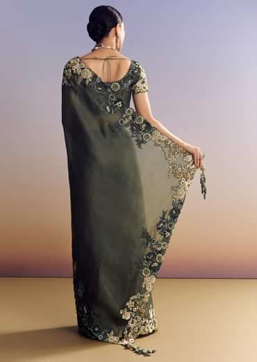 Olive Green Tissue Saree With Cutwork Border And Heavy Embroidery
