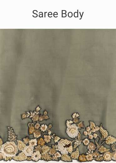 Olive Green Tissue Saree With Cutwork Border And Heavy Embroidery