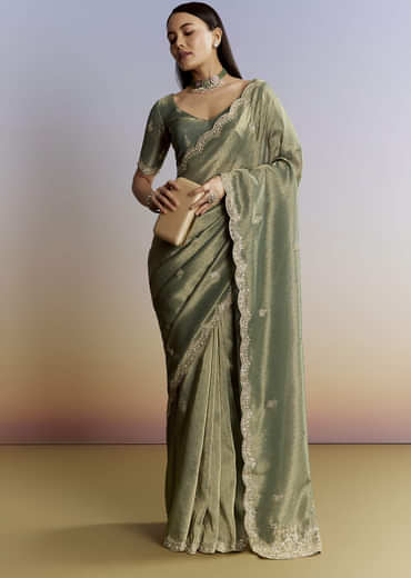 Olive Green Tissue Saree With Zardosi And Sequin Embroidery