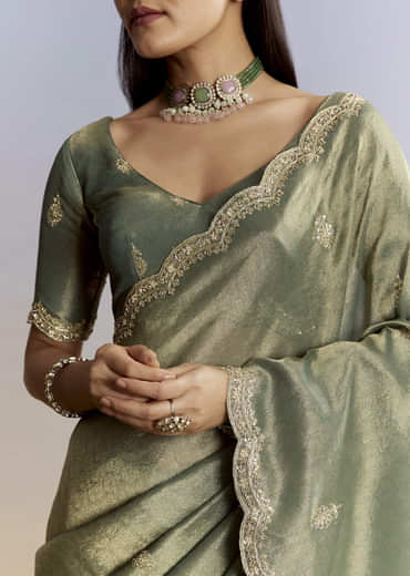 Olive Green Tissue Saree With Zardosi And Sequin Embroidery