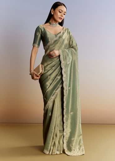 Olive Green Tissue Saree With Zardosi And Sequin Embroidery