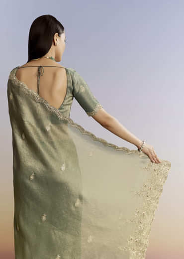 Olive Green Tissue Saree With Zardosi And Sequin Embroidery