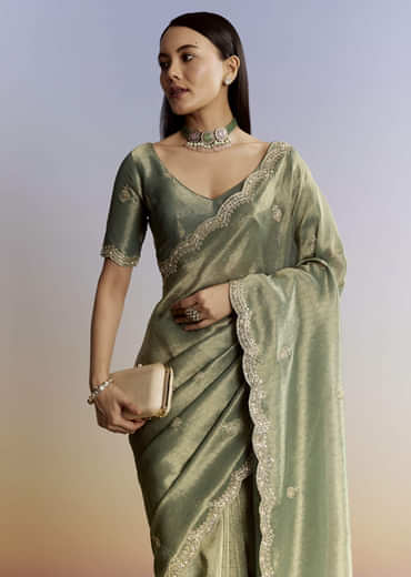 Olive Green Tissue Saree With Zardosi And Sequin Embroidery