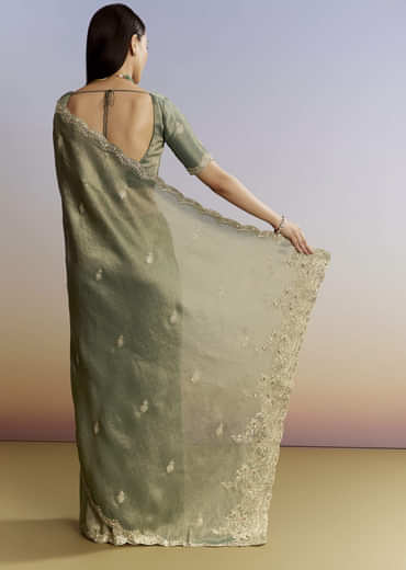 Olive Green Tissue Saree With Zardosi And Sequin Embroidery