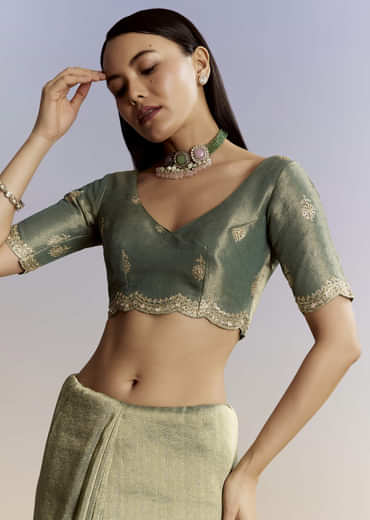 Olive Green Tissue Saree With Zardosi And Sequin Embroidery
